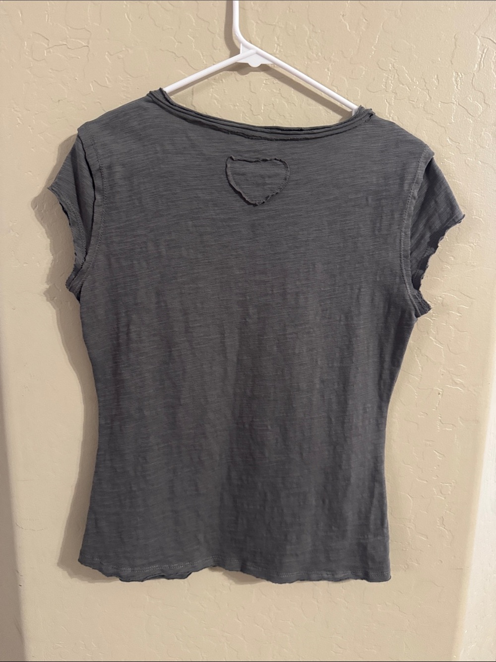 Gray V-Neck Tee with Red Heart Graphic and Stud Accents - Picture 2 of 3